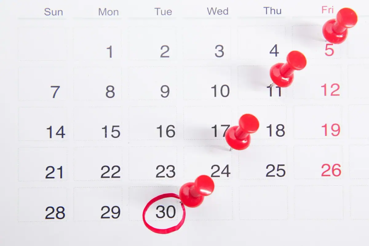 A monthly calendar with red push pins marking the 5th, 11th, 17th, 24th, and 30th, with the 30th circled in red.