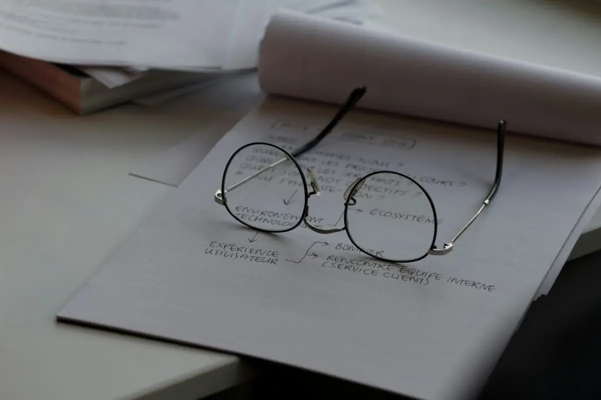 A pair of round eyeglasses resting on a handwritten note on a desk, with a notebook and papers in the background.